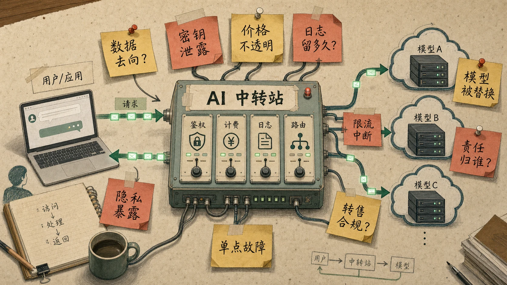 AI 中转站将用户请求经过鉴权、计费、日志和路由后分发给多个模型，周围贴满数据、密钥、价格、合规和故障风险便签