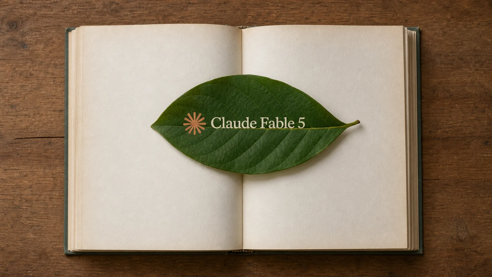写有 Claude Fable 5 字样的树叶放在翻开的书页上