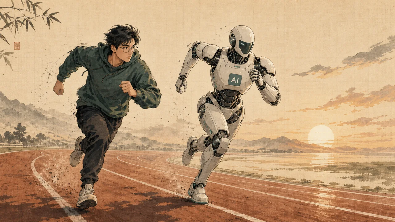 人与名为 AI 的人形机器人并肩赛跑