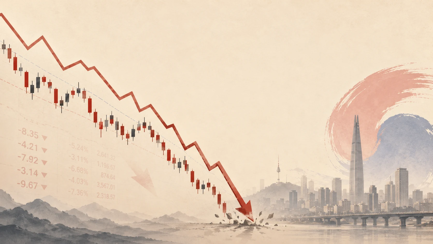 首尔城市天际线前,K线与红色折线急速下坠,落入一片留白之中