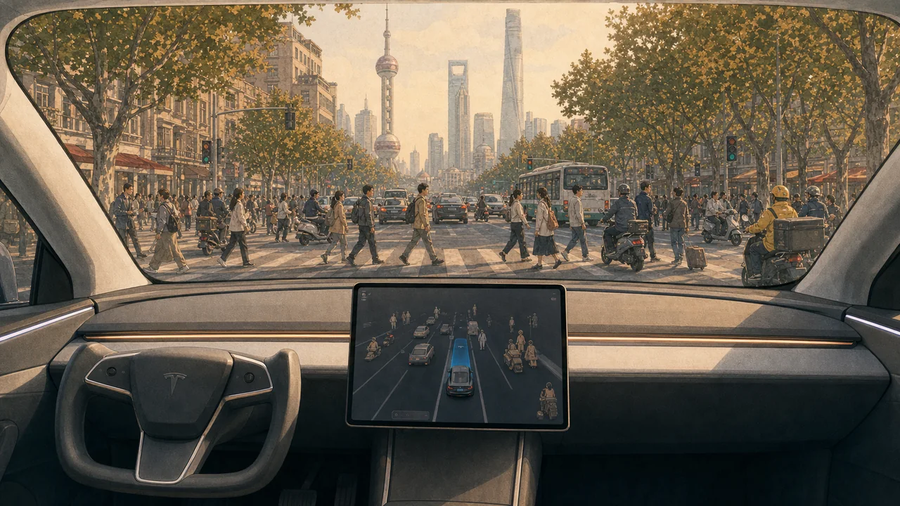 Model Y Juniper 内饰视角看向拥挤的上海街道和人流