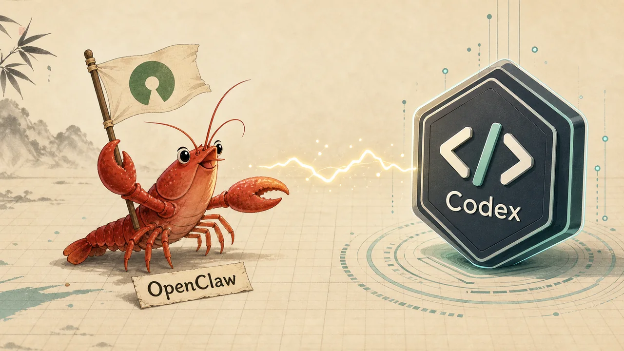 OpenClaw 小龙虾与 Codex 代码徽标的对峙插画