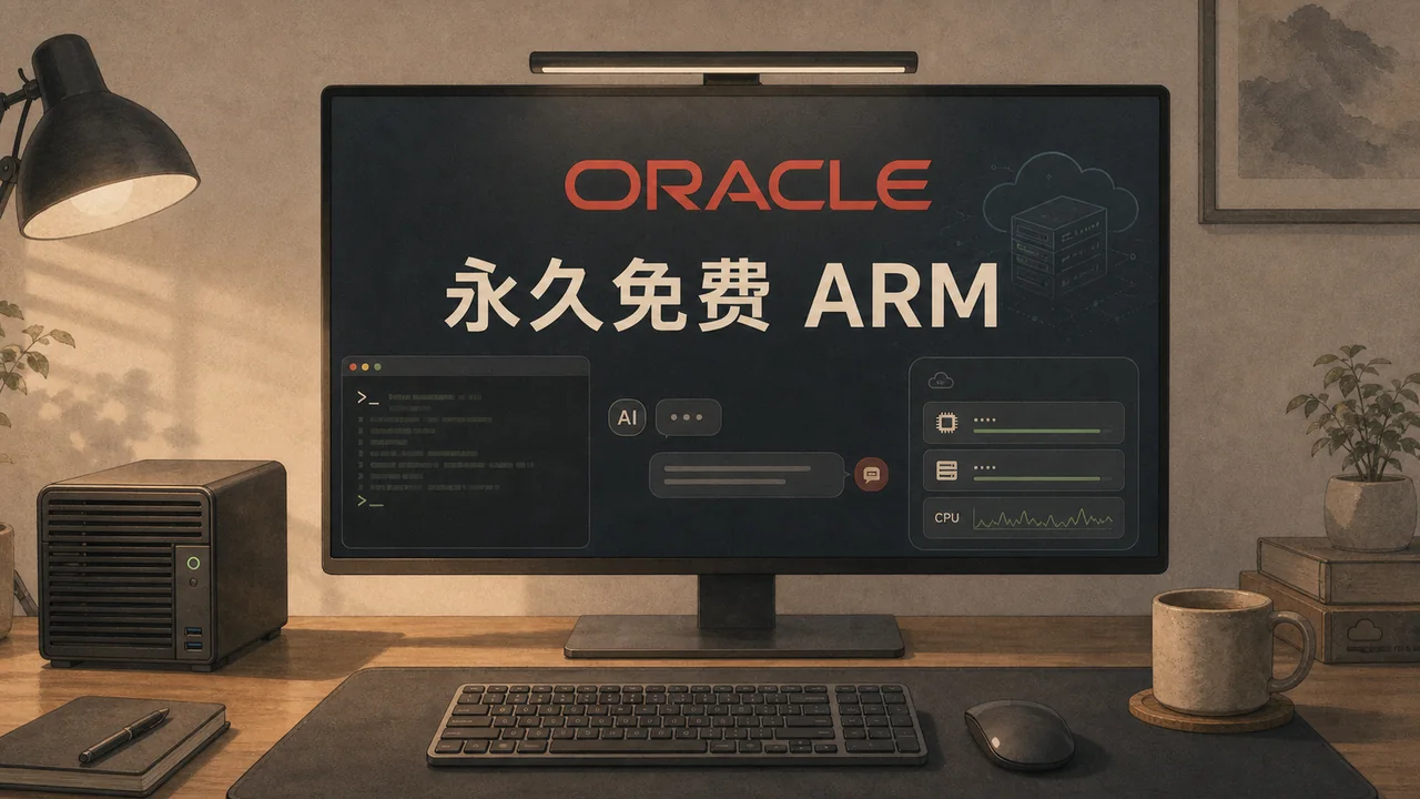 台式机显示器上显示 Oracle 和永久免费 ARM 的 AI 终端示意图