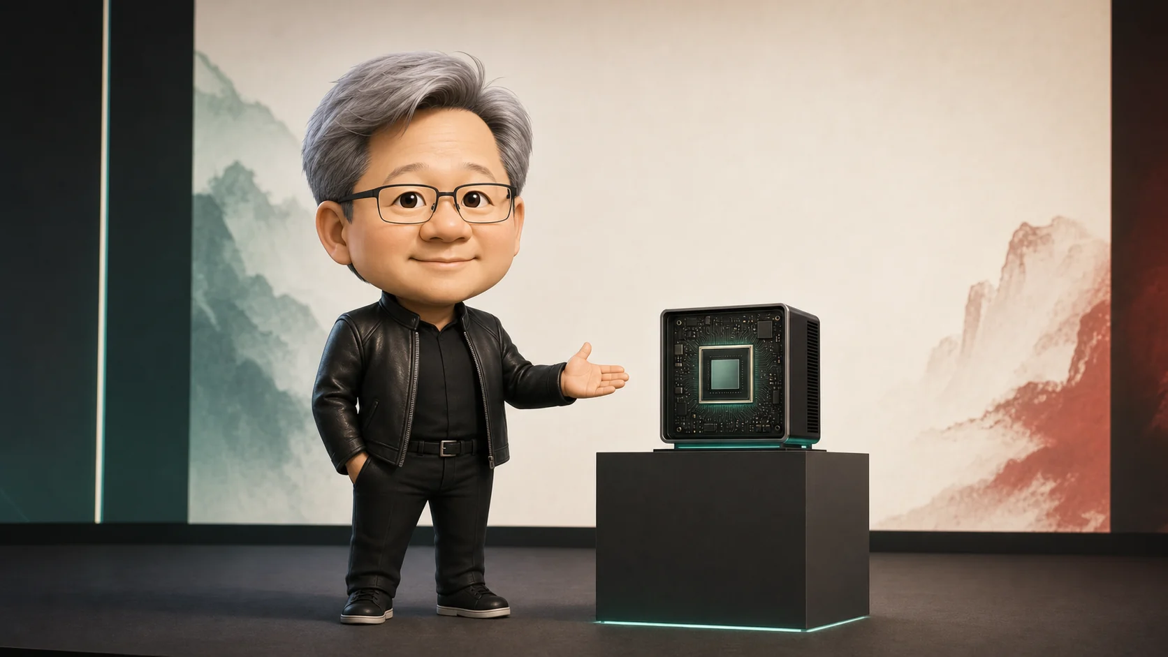 Q版科技发布者在舞台上展示 RTX Spark AI PC 设备
