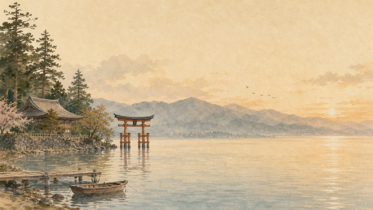 琵琶湖畔的鸟居、远山与寺院屋檐，呈现安静的滋贺旅行气息