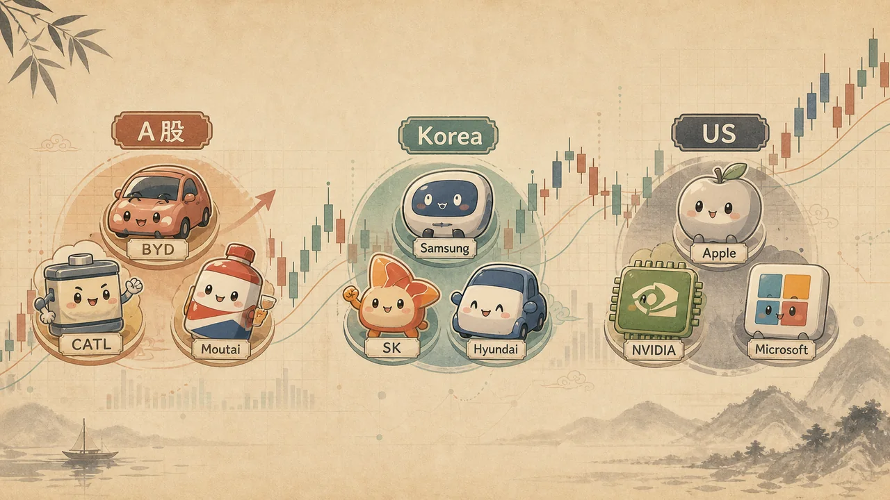 K 线图与 A 股、韩国股市、美股代表企业的 Q 版元素插画