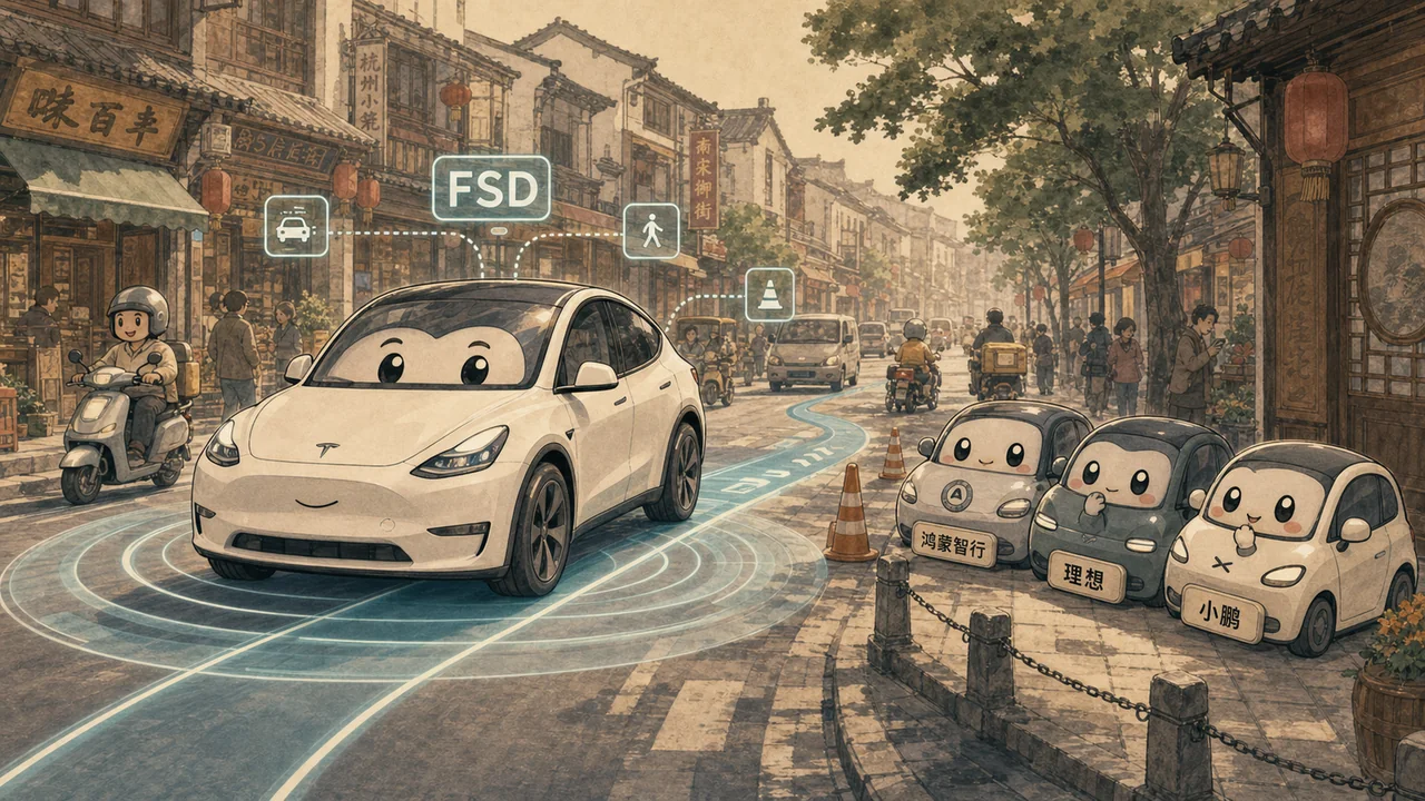 Q版特斯拉 Model Y 在老城区街道开启 FSD，鸿蒙智行、理想和小鹏在旁观
